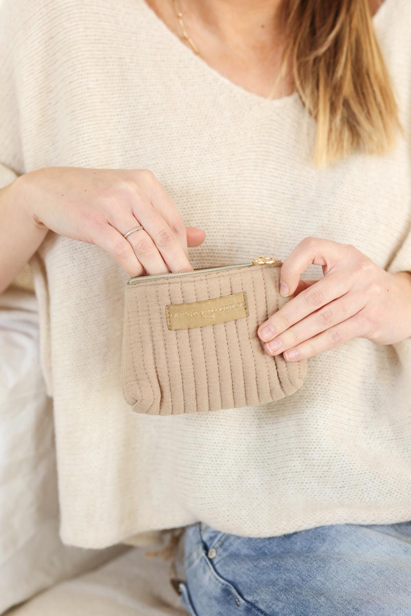 Petit porte monnaie beige en gaze de coton matelasse h012 (1)