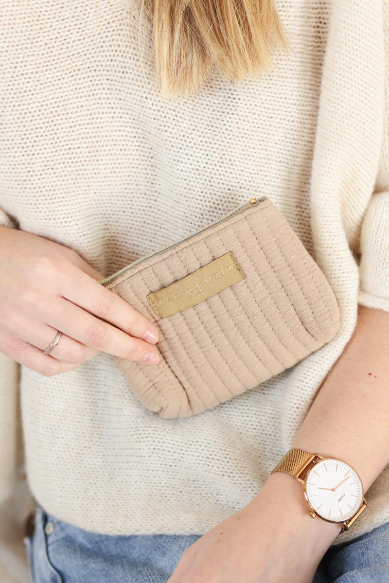Petit porte monnaie beige en gaze de coton matelasse h012 (1)