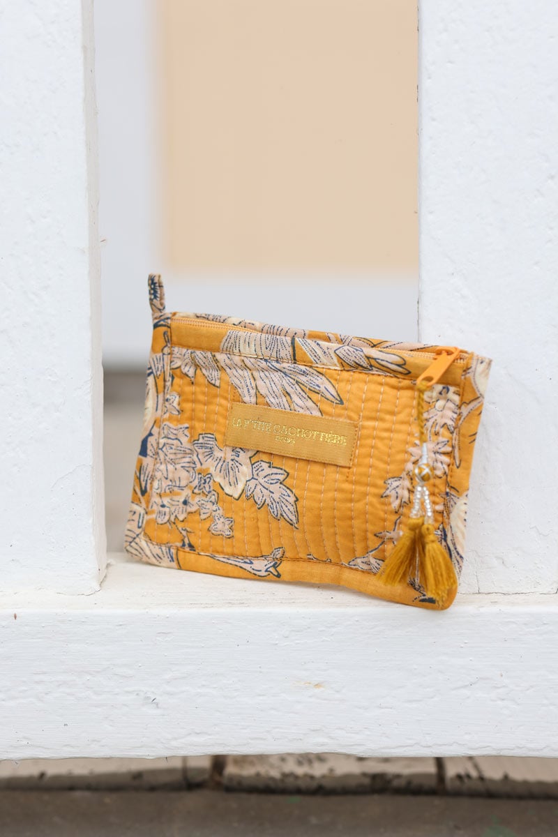 Petit porte monnaie moutarde en gaze de coton imprime feuilles H013 (2)