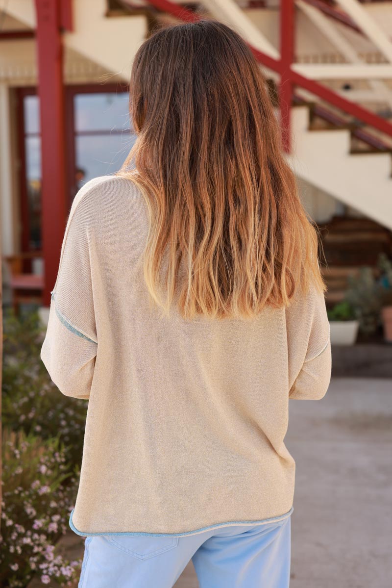 Petit pull en maille lurex brillante dorée détails col et couture bleu ciel