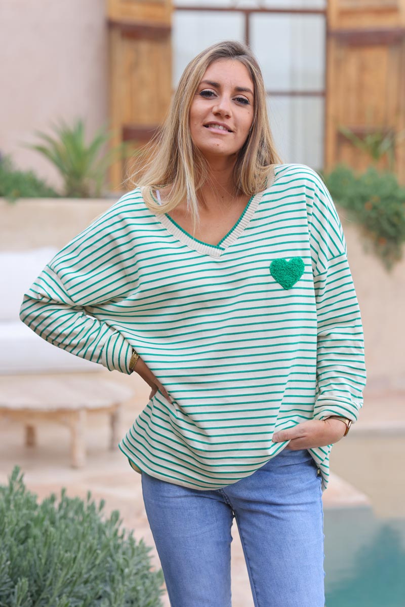 Petit pull fin a rayures vertes style mariniere coeur eponge G458 (1)