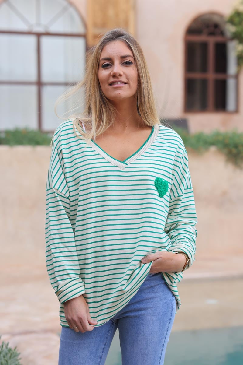 Petit pull fin a rayures vertes style mariniere coeur eponge G458 (1)