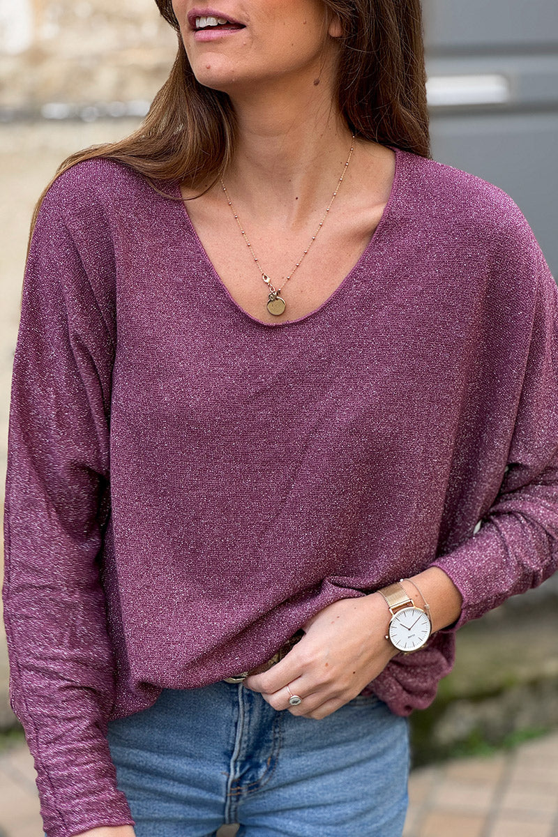 Petit pull large aubergine maille lurex brillante col v