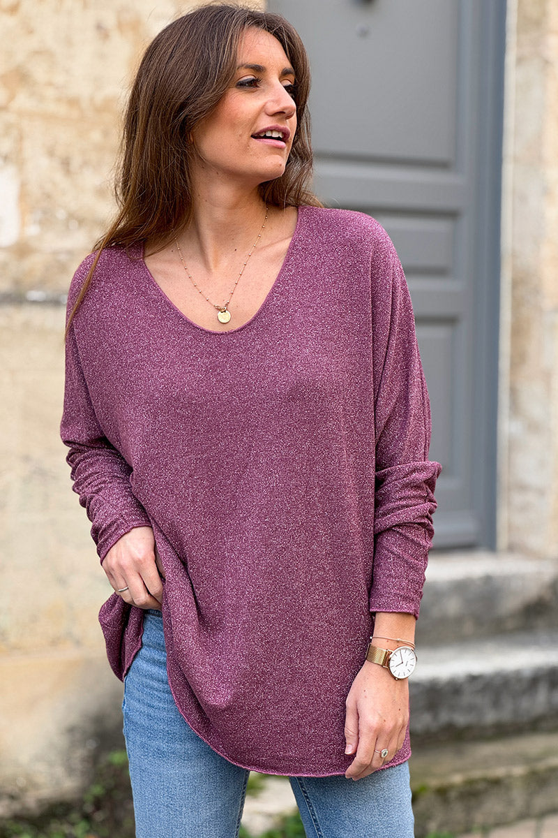 Petit pull large aubergine maille lurex brillante col v