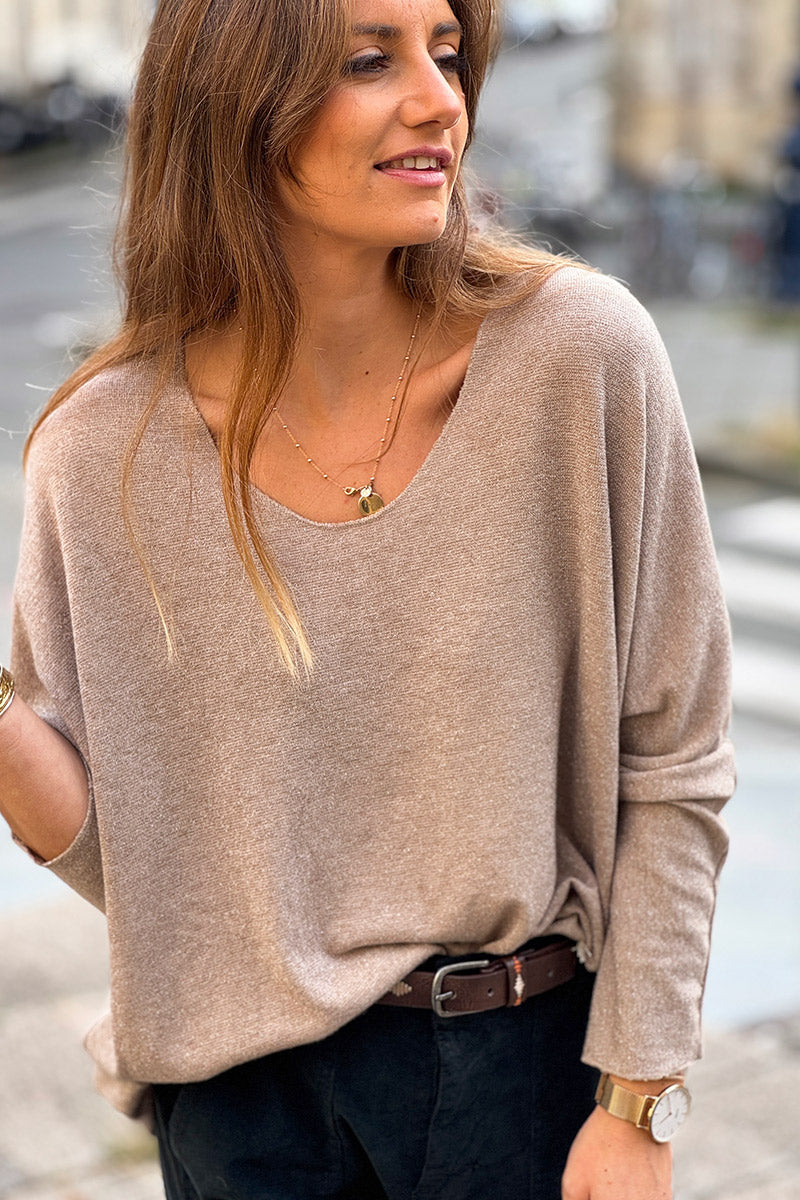 Petit pull large beige maille lurex brillante col v