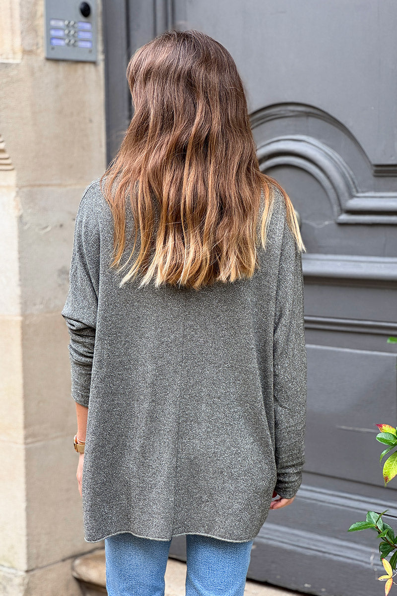 Petit pull large kaki maille lurex brillante col v