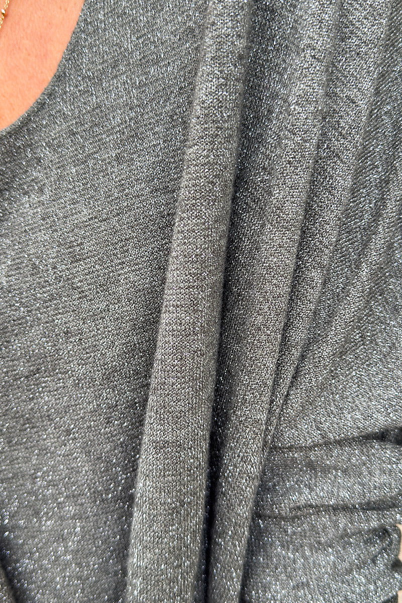 Petit pull large kaki maille lurex brillante col v