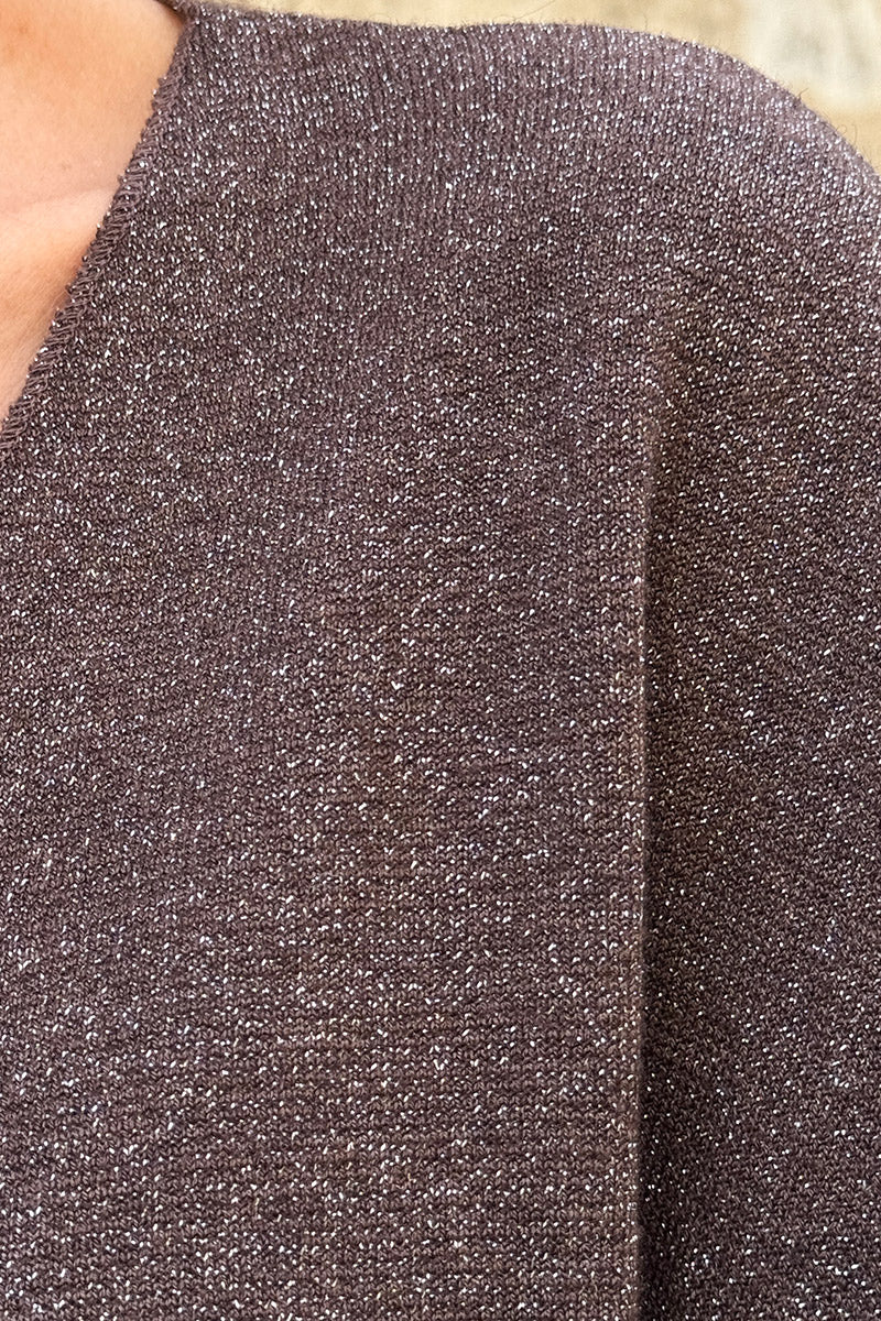 Petit pull large marron maille lurex brillante col v