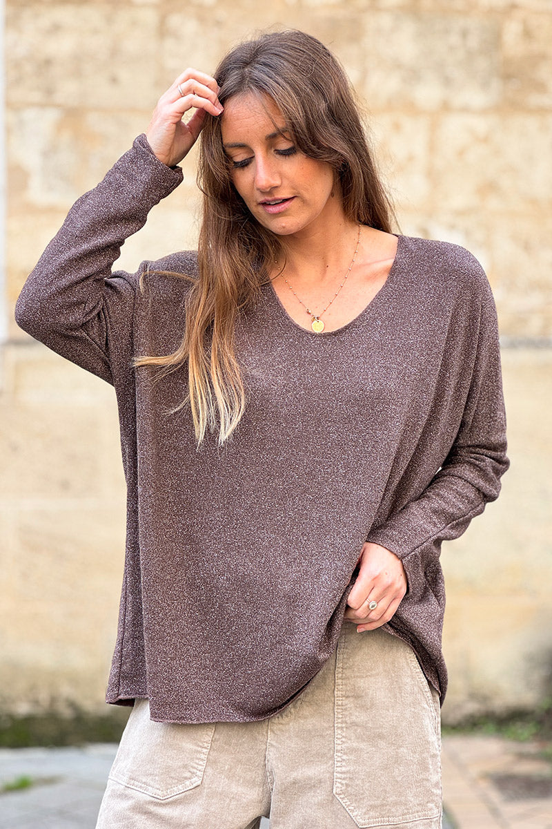 Petit pull large marron maille lurex brillante col v