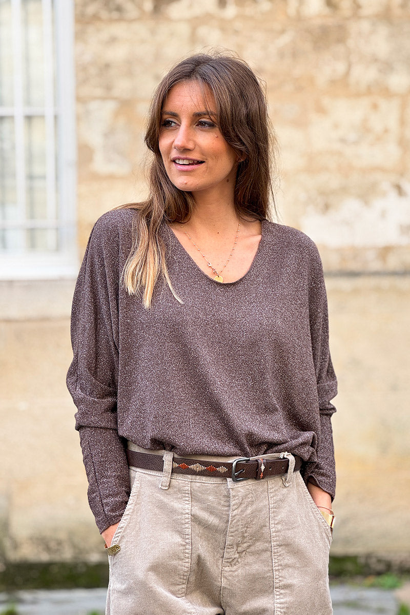 Petit pull large marron maille lurex brillante col v