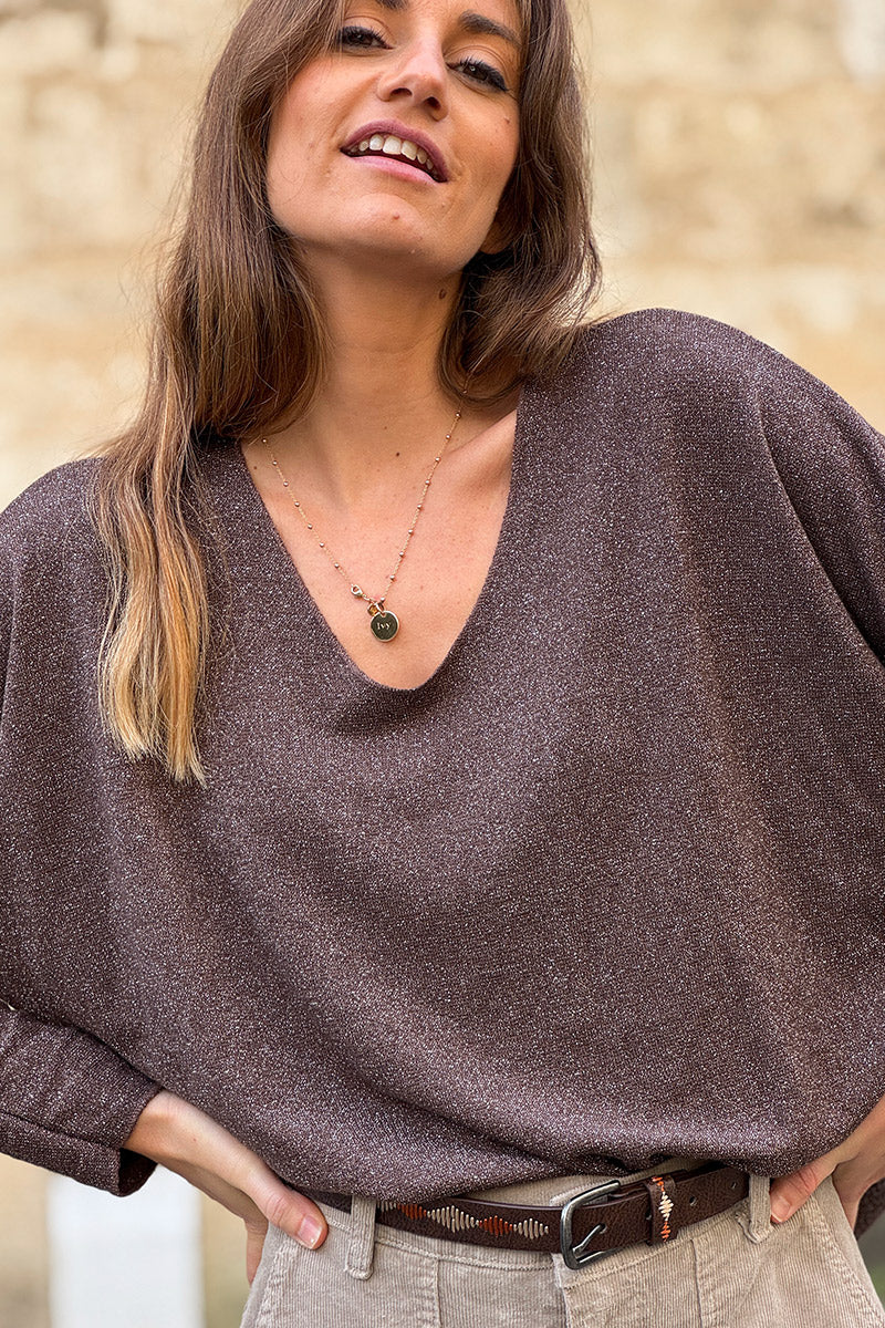Petit pull large marron maille lurex brillante col v