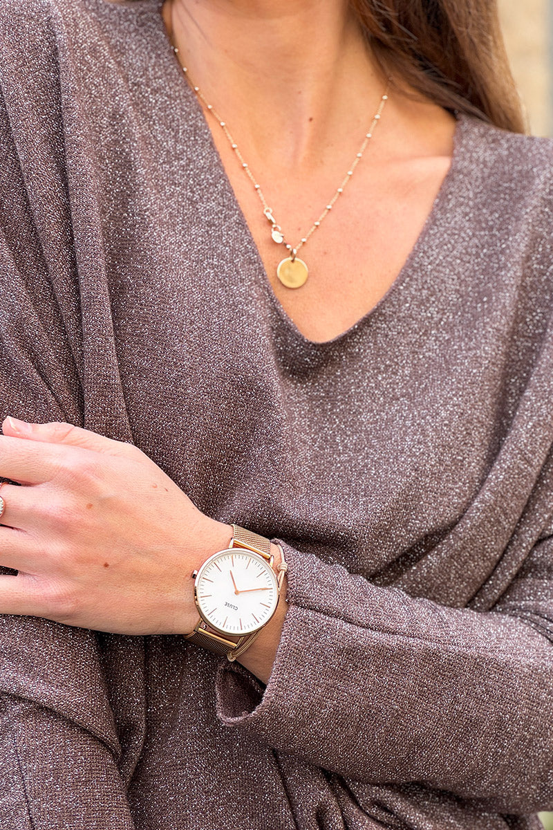 Petit pull large marron maille lurex brillante col v