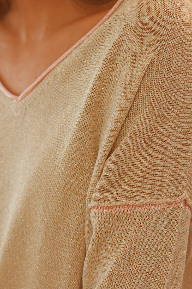 Gold V-Neck Knit Top with Baby Pink Inverted Seams