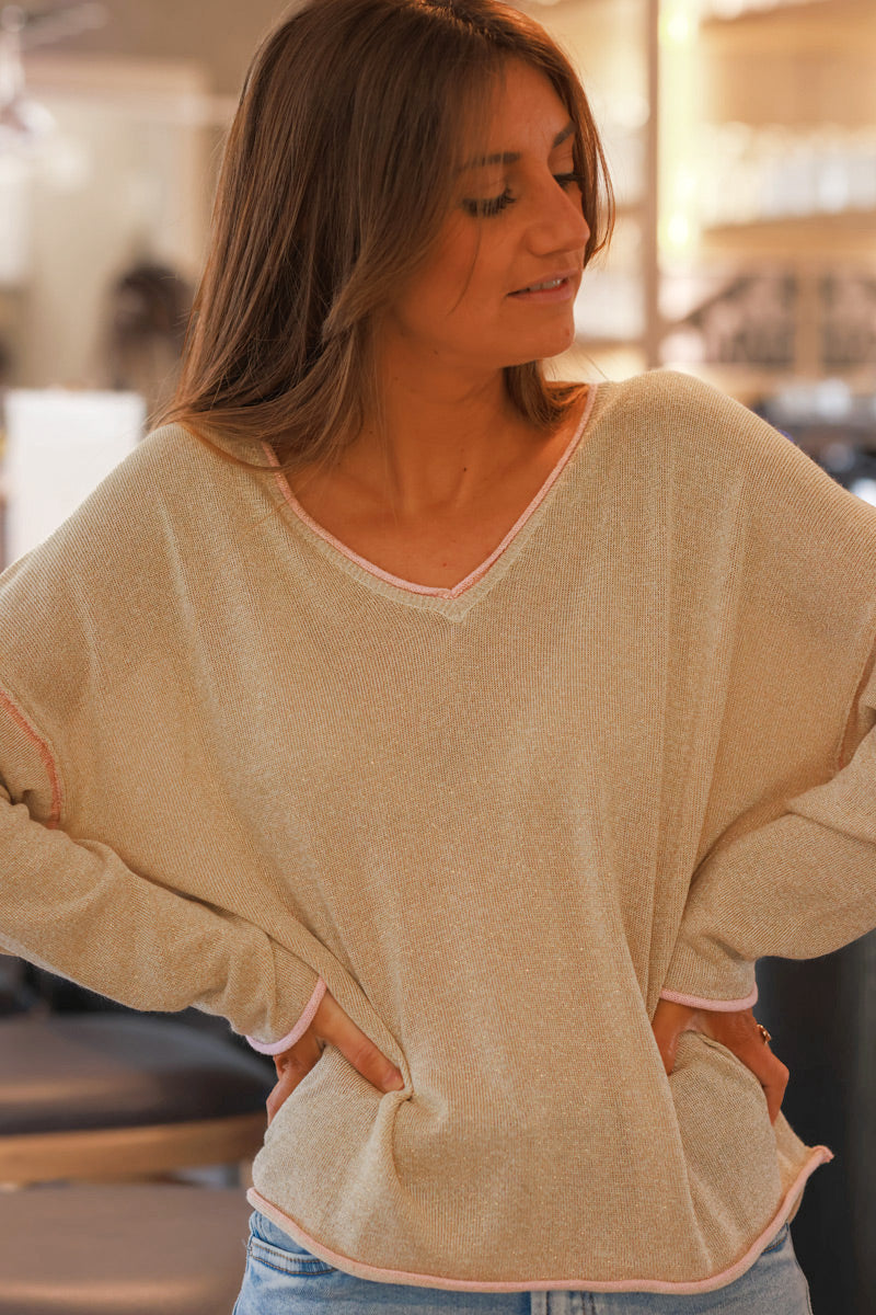 Gold V-Neck Knit Top with Baby Pink Inverted Seams