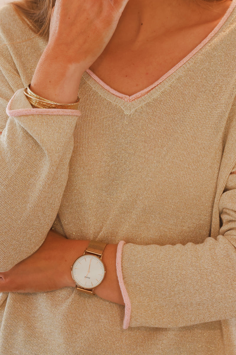 Gold V-Neck Knit Top with Baby Pink Inverted Seams
