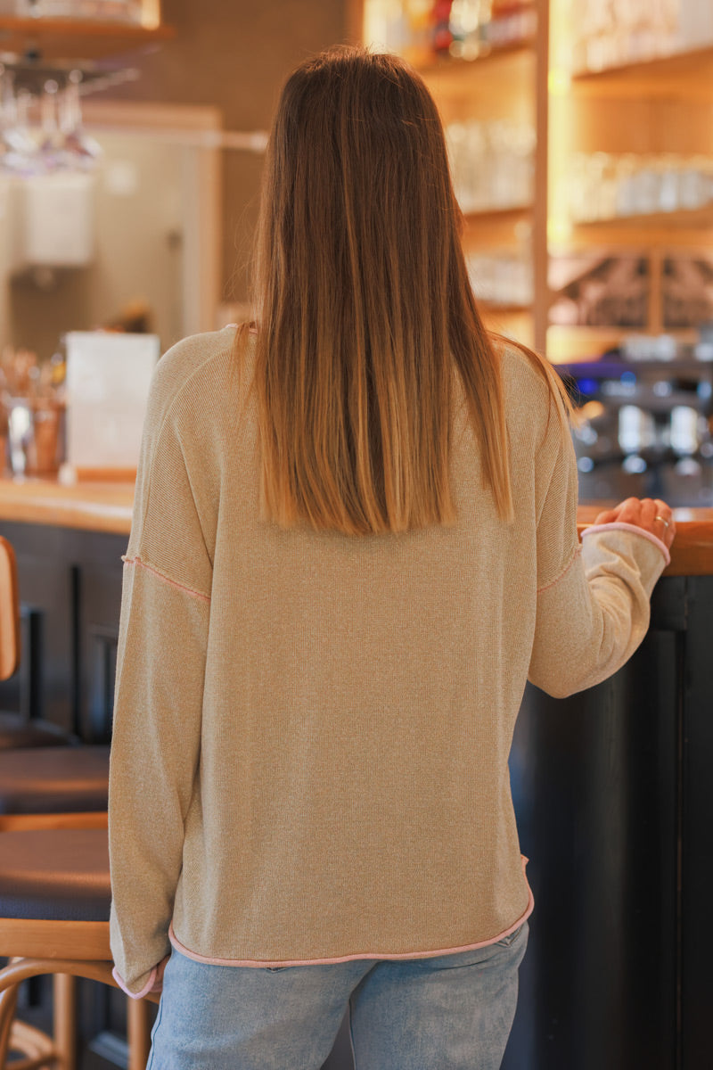 Gold V-Neck Knit Top with Baby Pink Inverted Seams