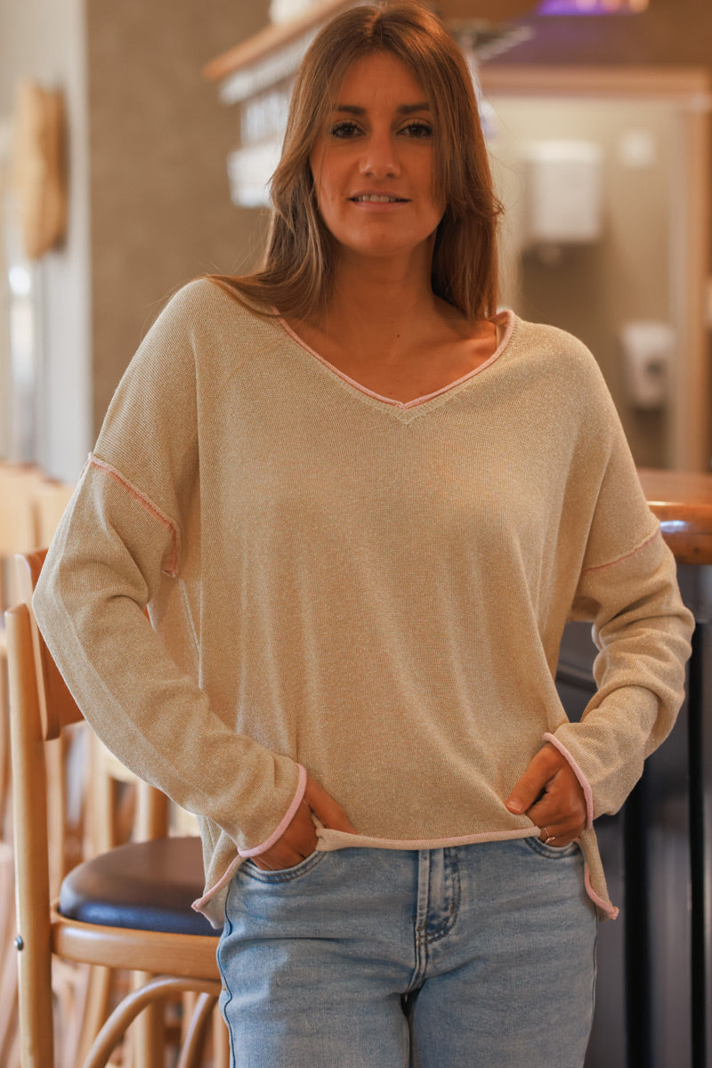 Gold V-Neck Knit Top with Baby Pink Inverted Seams