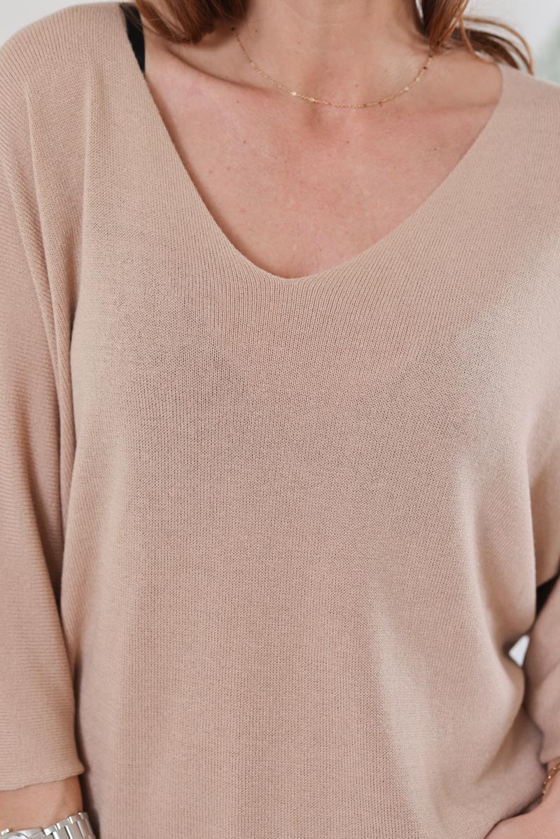 Petit pull tout doux camel manches chauve souris col v H045 (1)