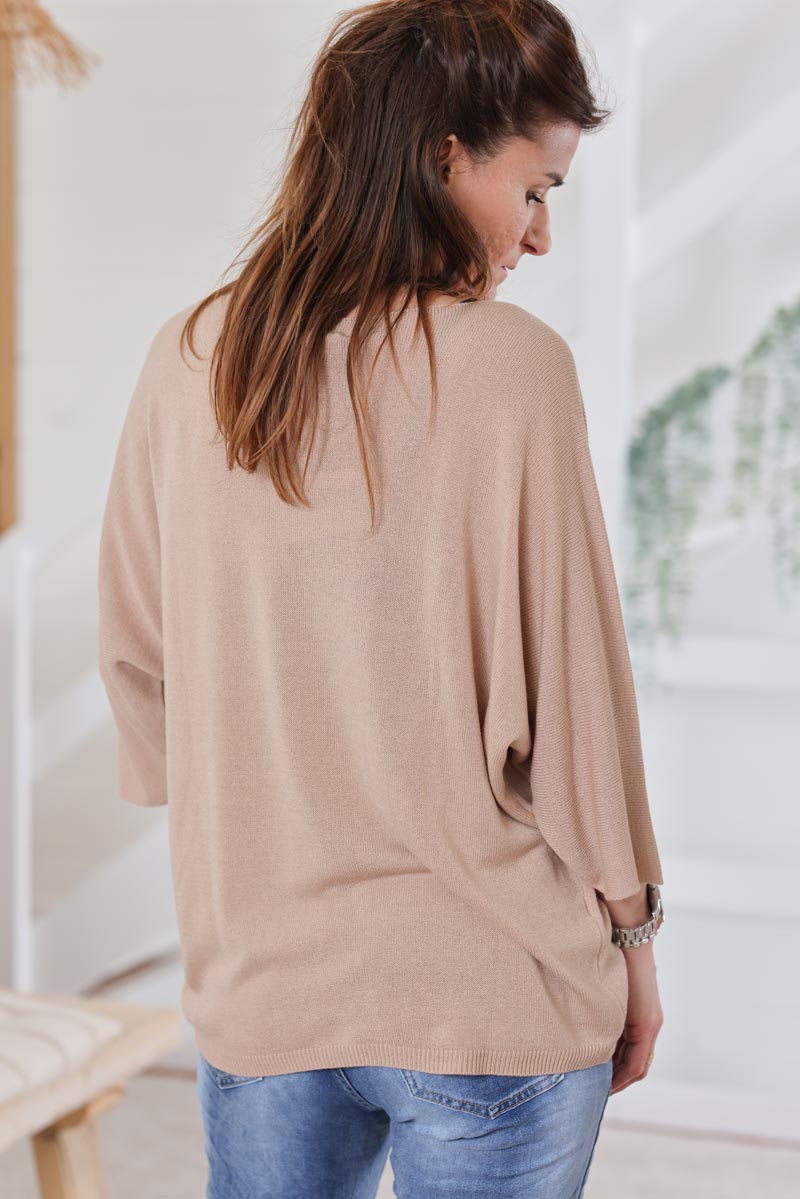Petit pull tout doux camel manches chauve souris col v H045 (1)