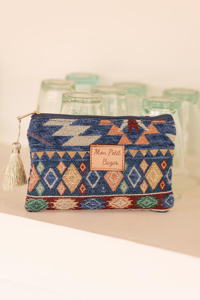 Petite pochette bleu motif aztèques colorés
