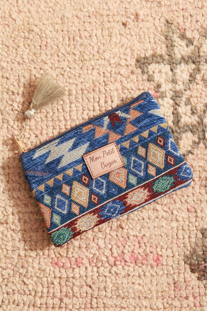 Petite pochette bleu motif aztèques colorés