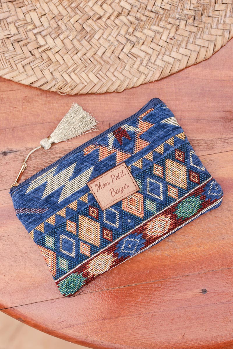 Petite pochette bleu motif aztèques colorés
