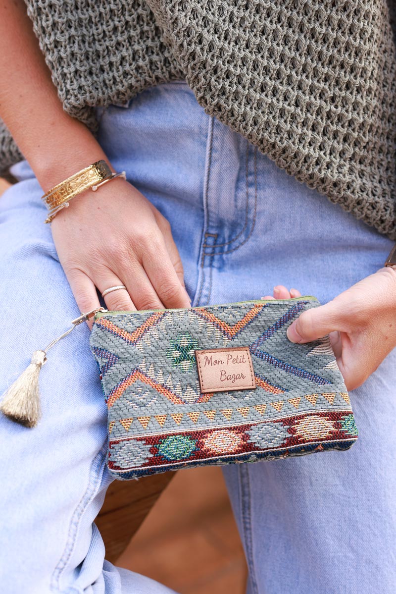 Petite pochette kaki motif aztèques colorés