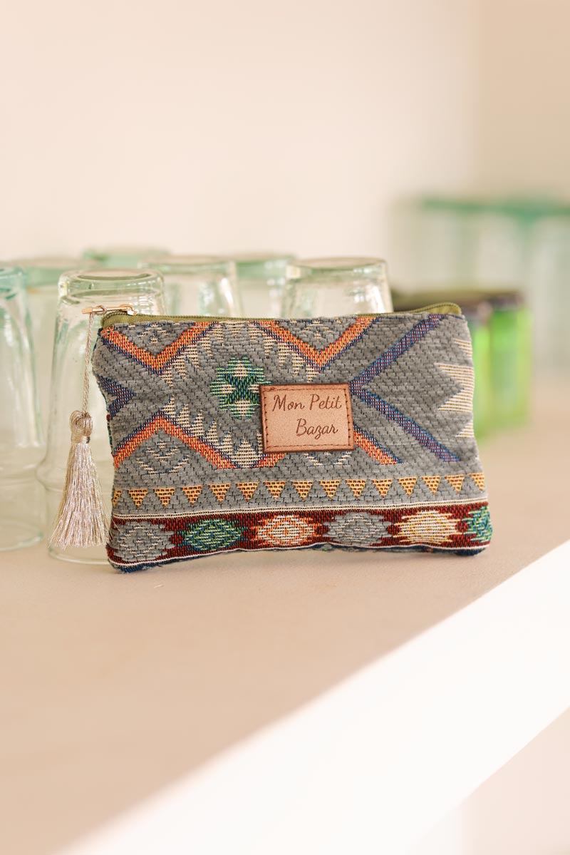 Petite pochette kaki motif aztèques colorés