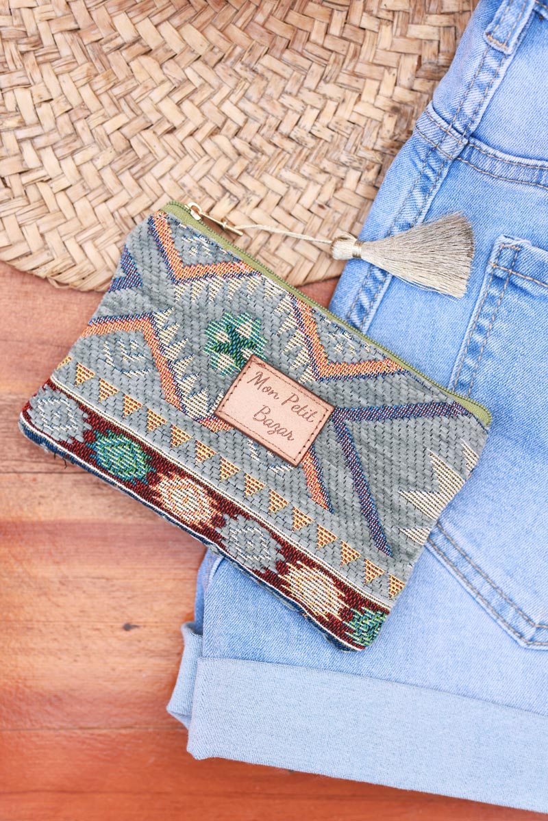 Petite pochette kaki motif aztèques colorés