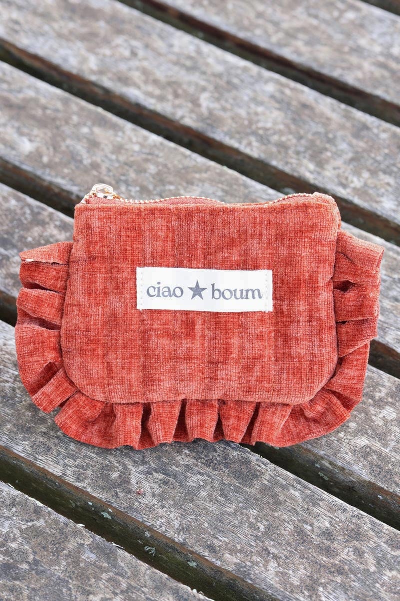 Petite pochette porte monnaie en velours terracotta et froufrous