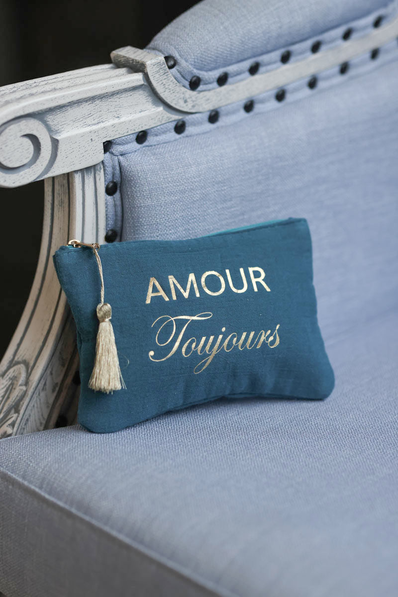 Petite pochette trousse en gaze de coton bleu canard  Amour Toujours doré