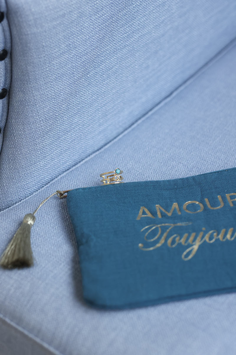 Petite pochette trousse en gaze de coton bleu canard Amour Toujours doré