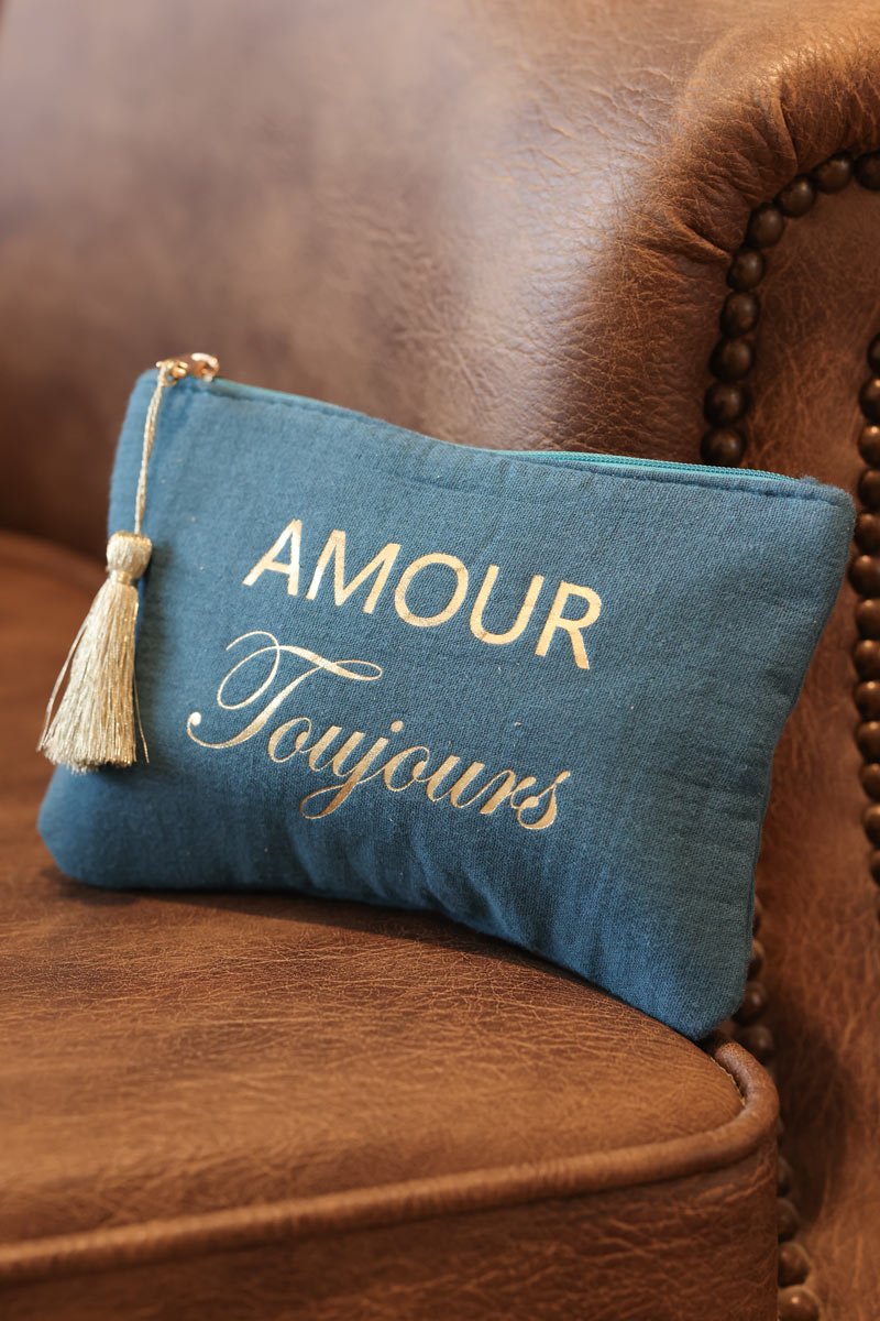 Petite pochette trousse en gaze de coton bleu canard Amour Toujours doré