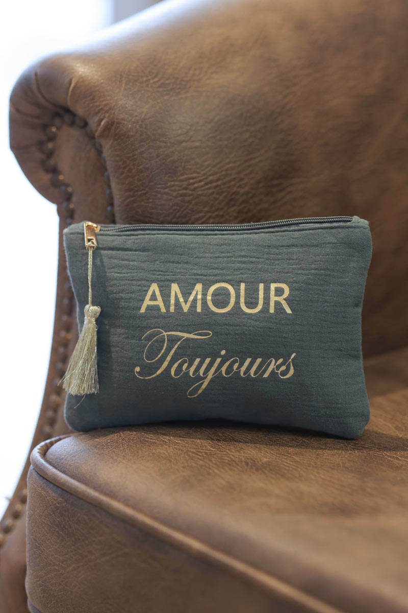Petite pochette trousse en gaze de coton kaki Amour Toujours doré