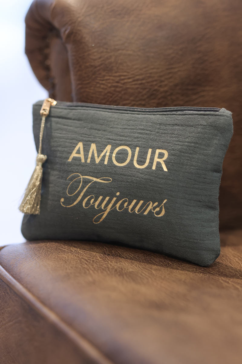 Petite pochette trousse en gaze de coton kaki Amour Toujours doré