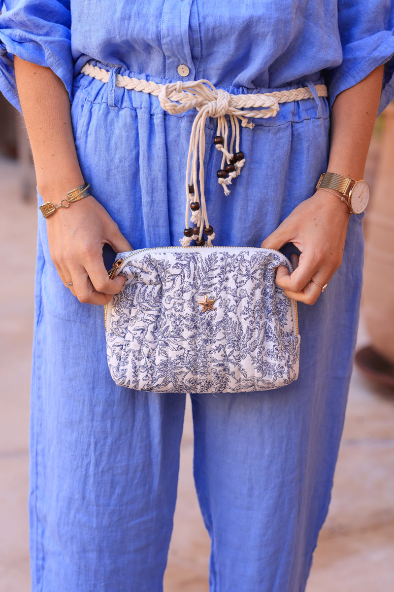 Small quilted cotton pouch bag in a blue toile jouy pattern