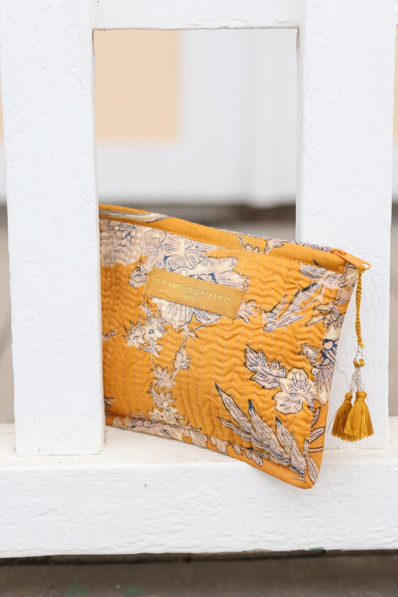 Pochette moutarde en gaze de coton souple imprime feuilles H010 (1)