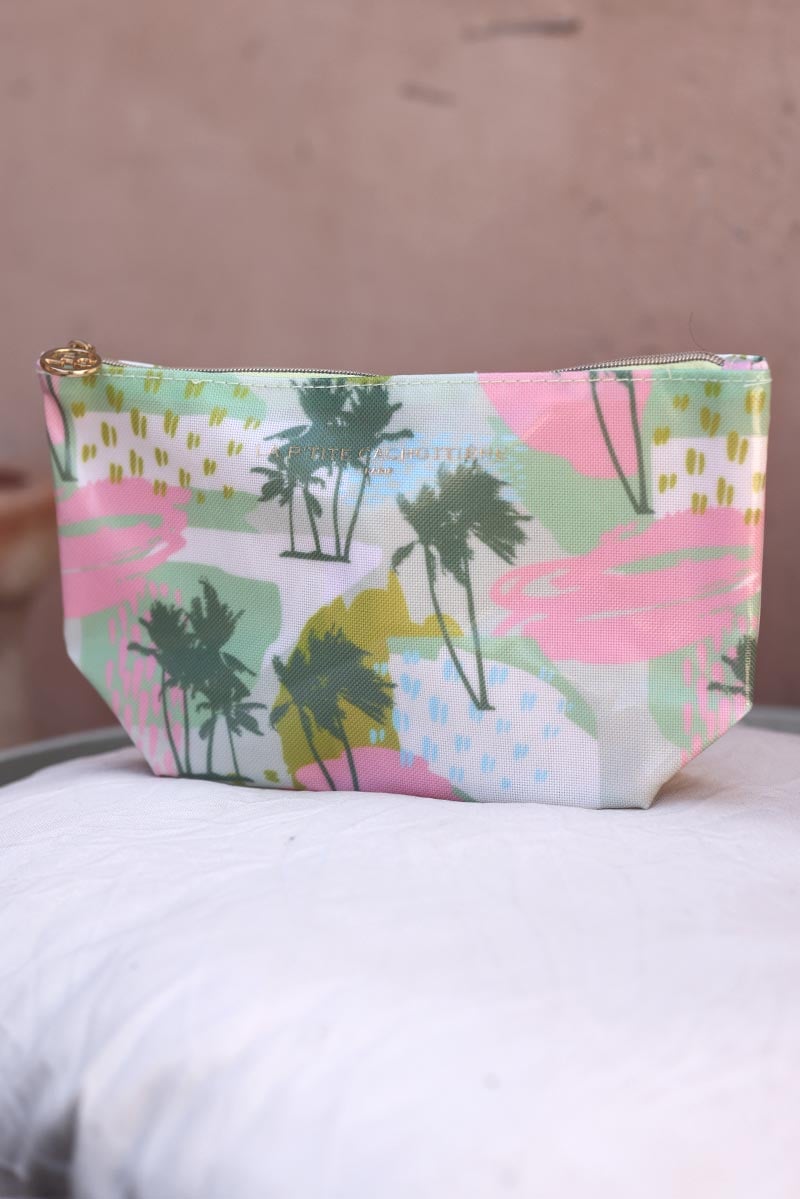Pochette vinyle imperméable imprimé coloré Miami vert amande petit sac pour femme palmiers kaki H015