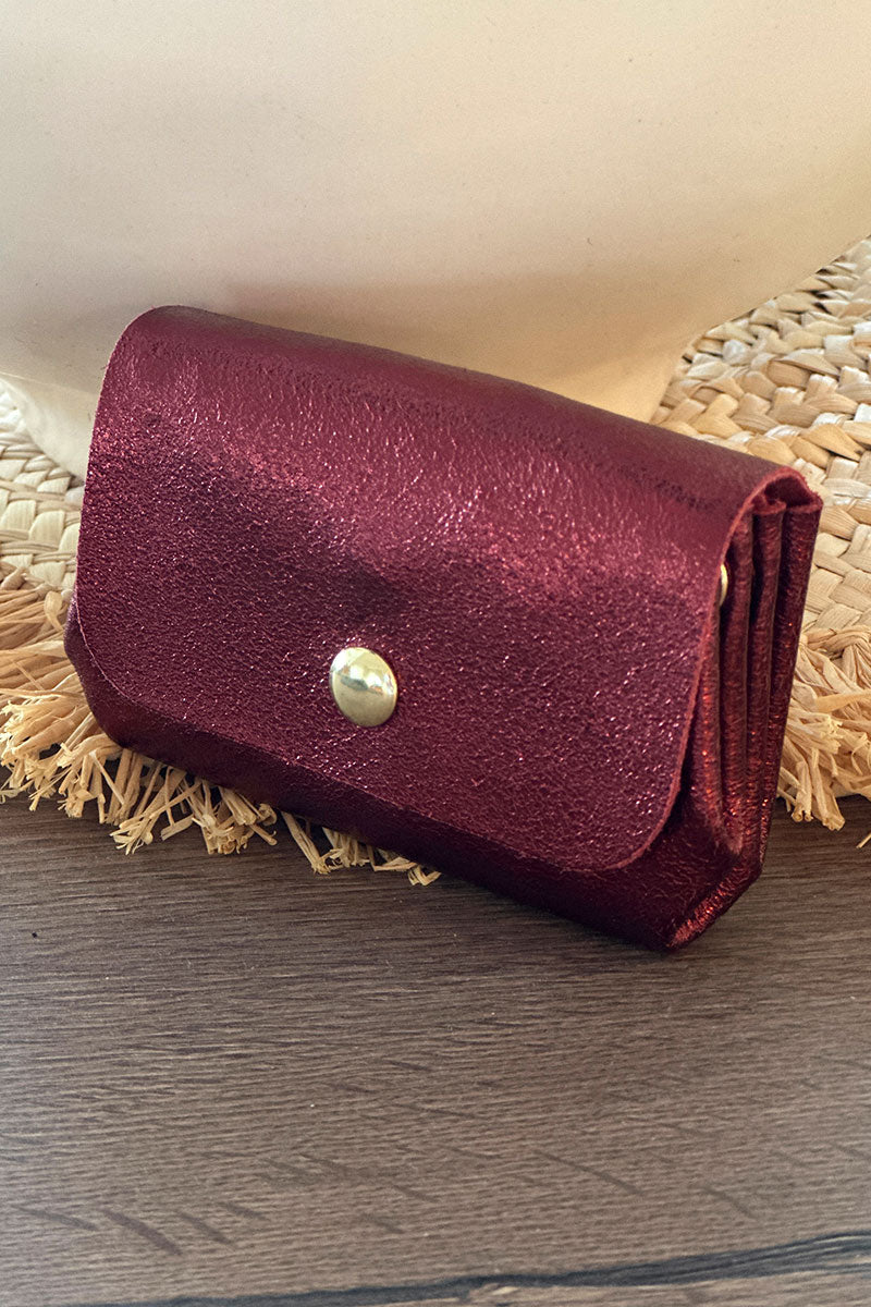 Porte monnaie en cuir brillant irisé bordeaux