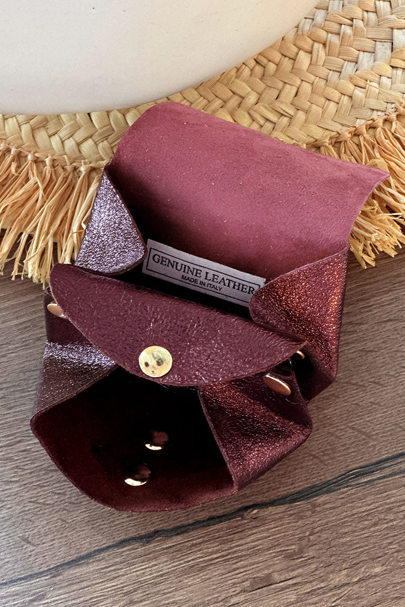 Porte monnaie en cuir brillant irisé bordeaux