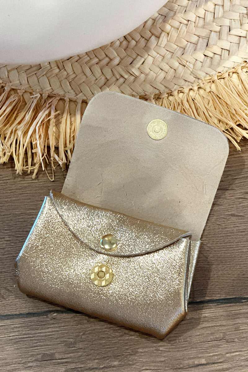 Porte monnaie en cuir brillant irisé doré