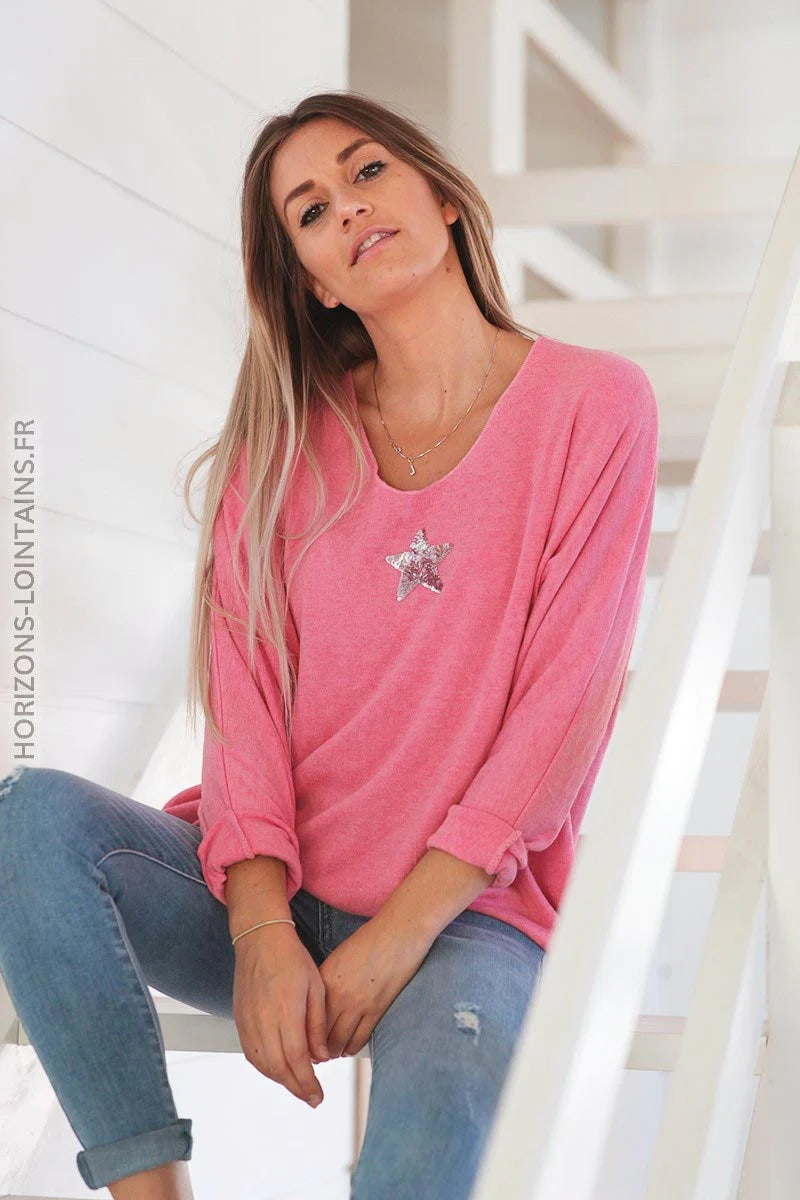 Pull fuchsia col v petite étoile sequins