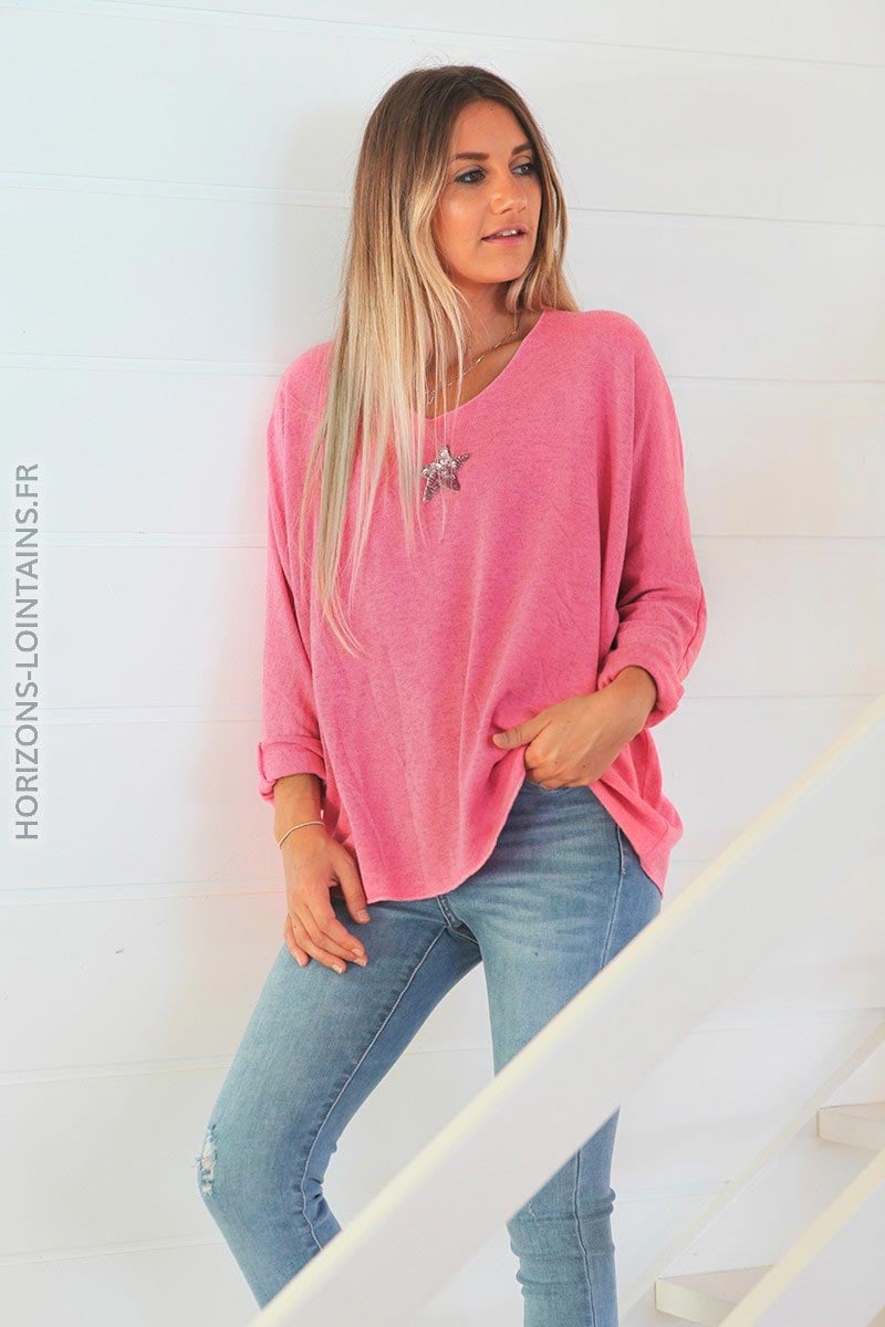 Pull agreable pink petite étoile sequins argentés top femme rose C176