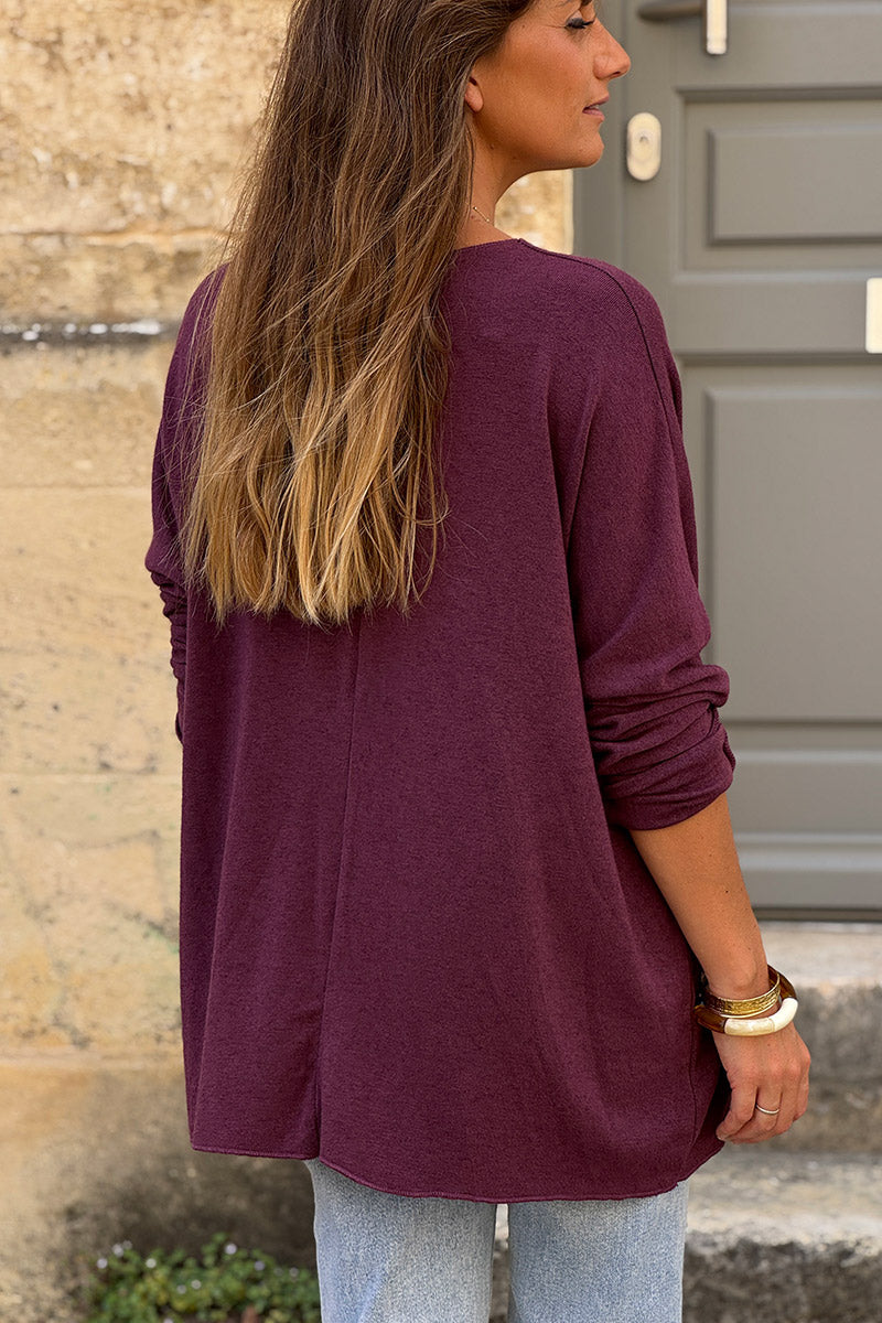 Burgundy v-neck small star sequin sweater
