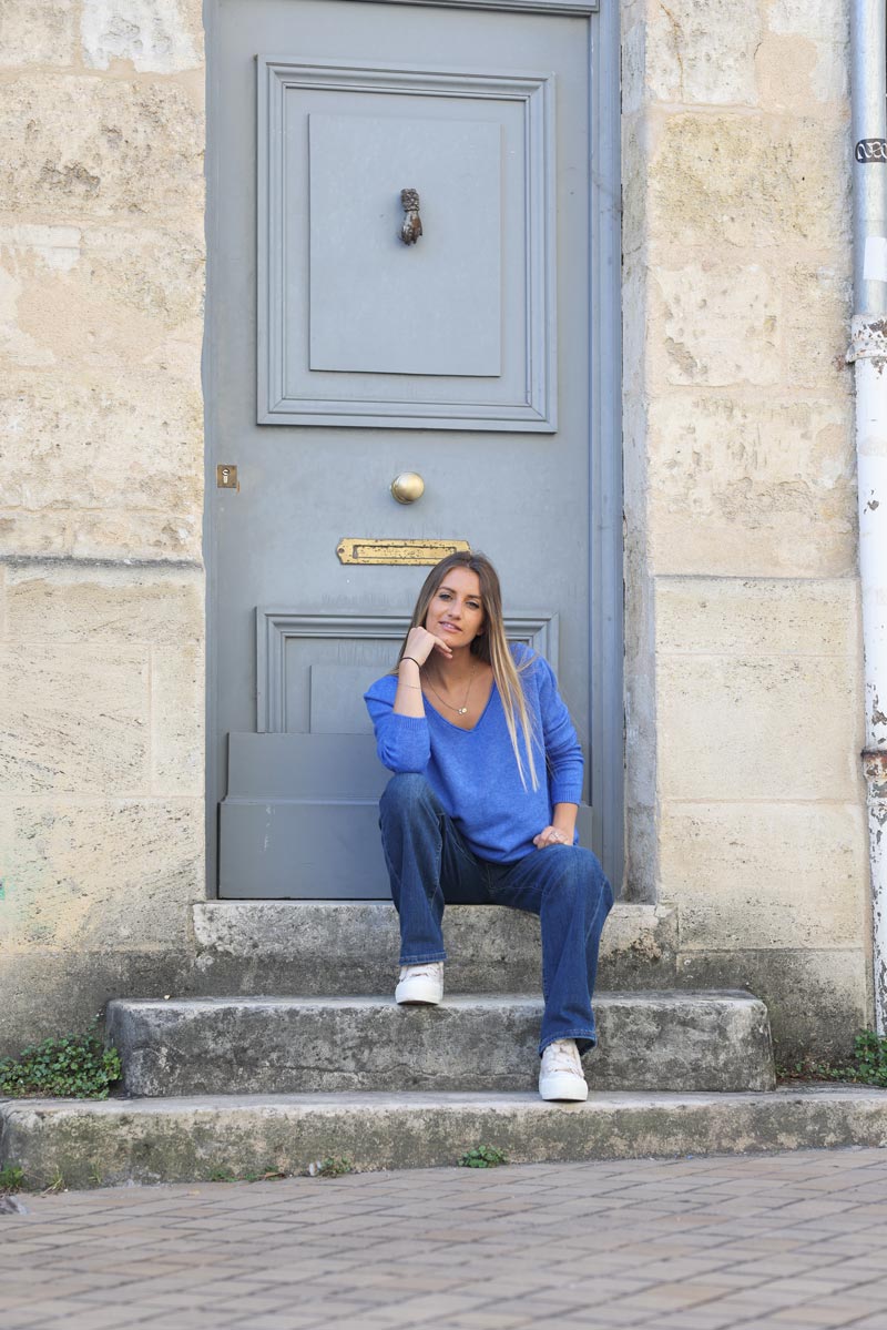 Pull basique bleu lavande col V D001 (1)