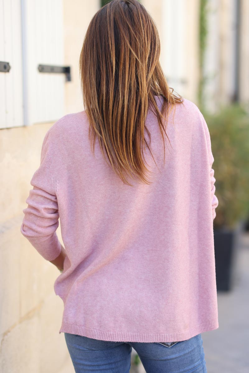 Pull basique rose poudre col V D001(1)