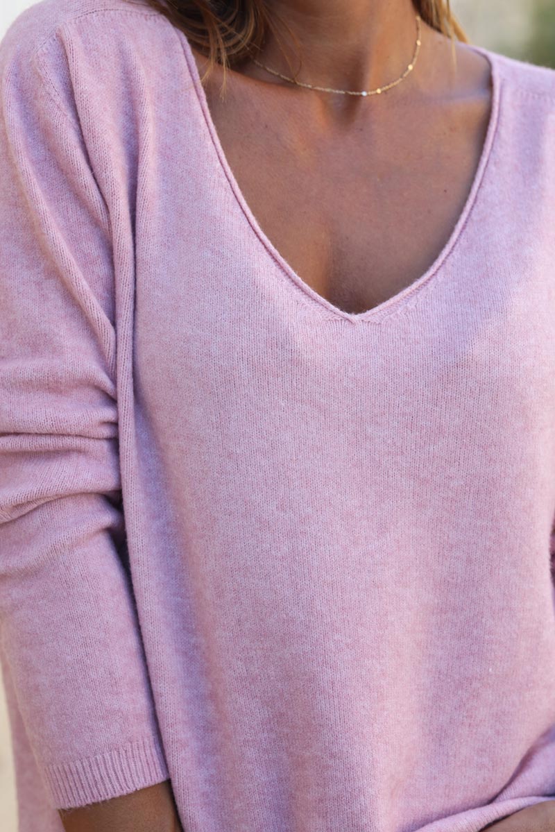 Pull basique rose poudre col V D001(1)