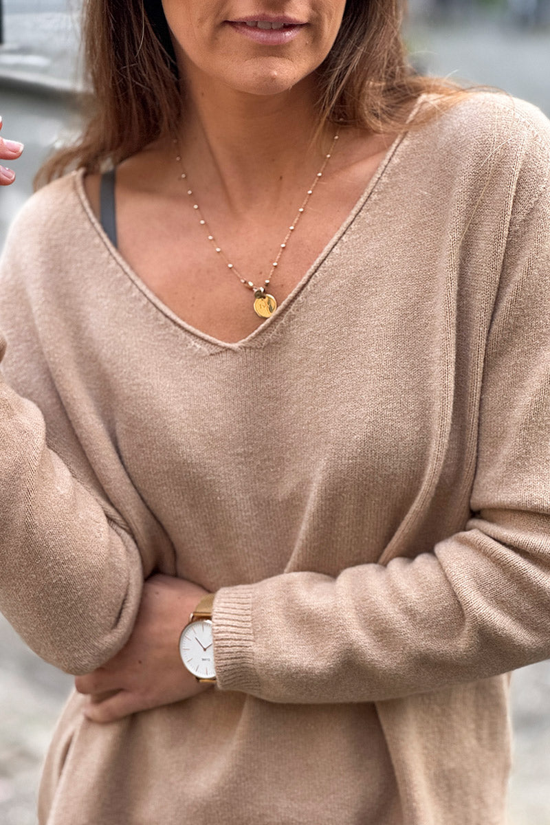 Pull basique tout doux camel clair col V