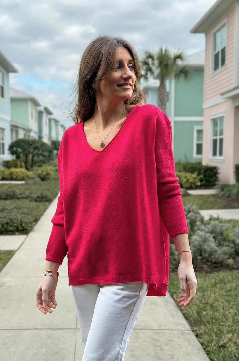 Pull basique tout doux framboise col V