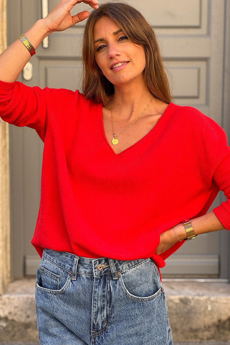 Rust Soft Basic V-neck Sweater